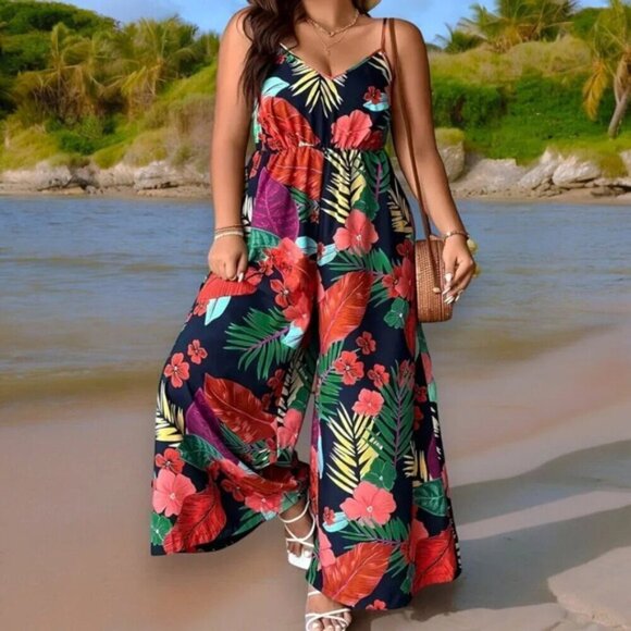 🆕 2XL Tropical Print Plus Size Jumpsuit Cami Straps Colorful Trendy Beach Vibes - Picture 1 of 10